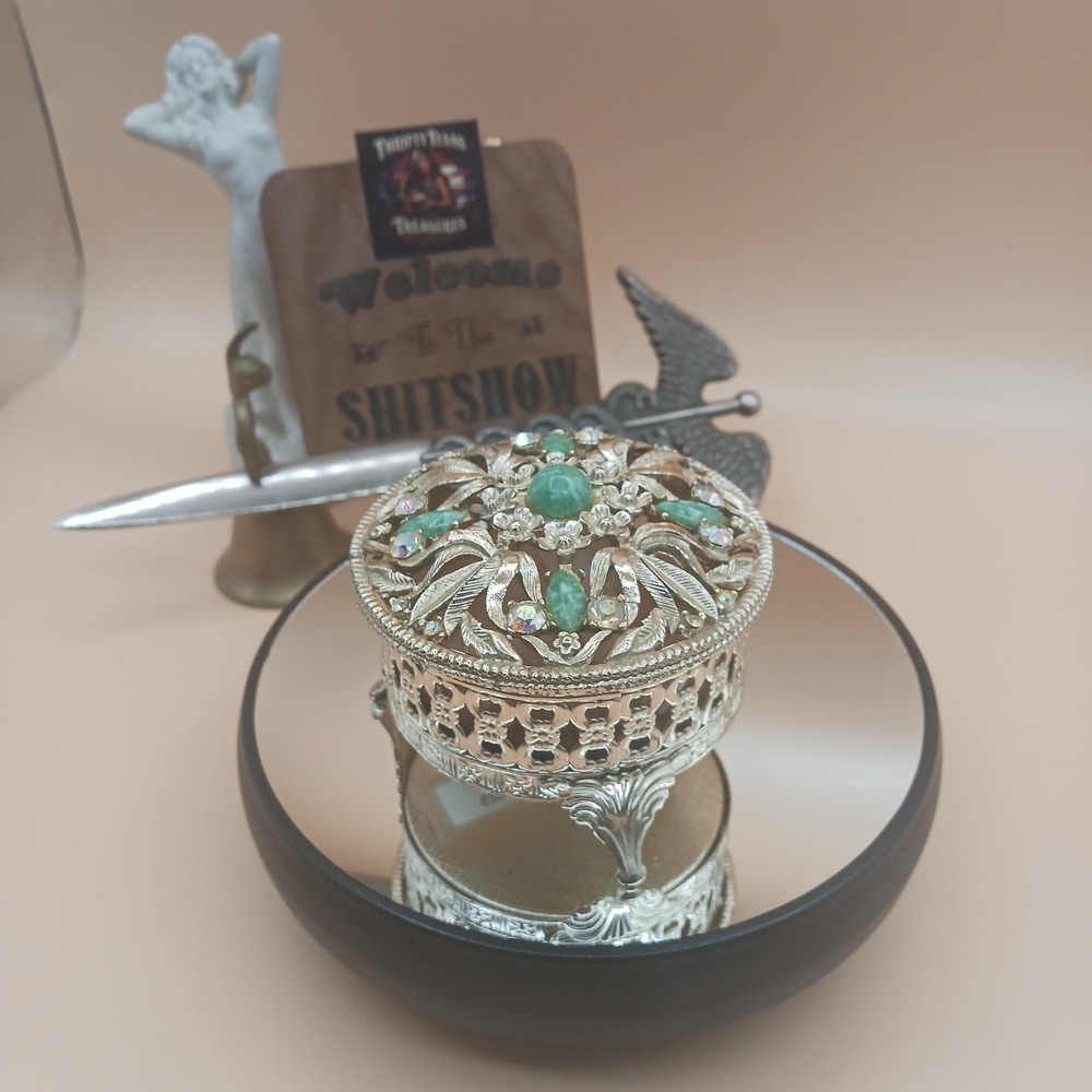 VTG Ornate Gold Ormolu Footed Powder Box Green Faux Jade & Rhinestone Jeweled